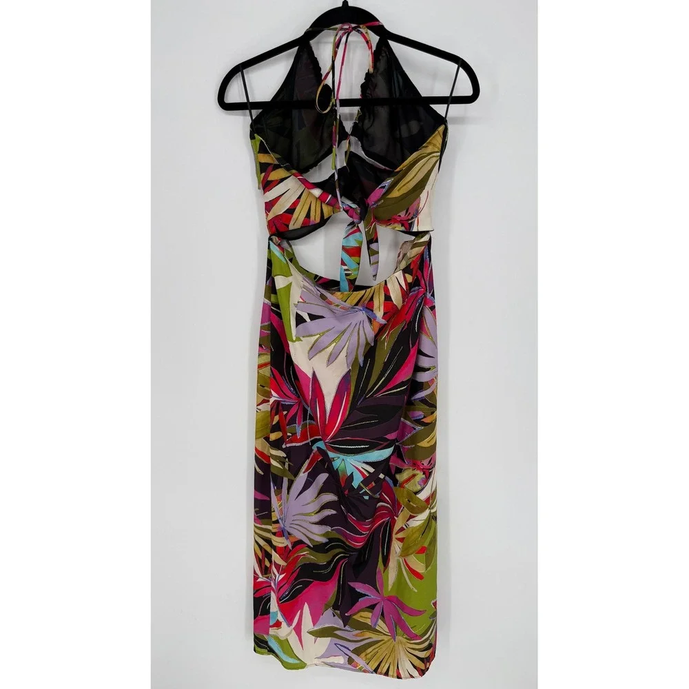 ZARA SATIN TROPICAL PRINT CUT OUT FRONT HALTER MIDI DRESS LARGE - Picture 10 of 10